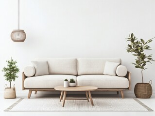 3D Render of a Beige Fabric Sofa in a Minimalist Living Room

