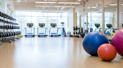 Colorful Exercise Balls in a Bright Gym Studio with Equipment for Workouts : Generative AI