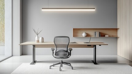 Contemporary office setup with light oak desk and stylish office chair