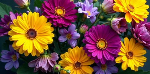 Obraz premium Vibrant mixed flower arrangement in yellow and purple hues, beautiful, purple