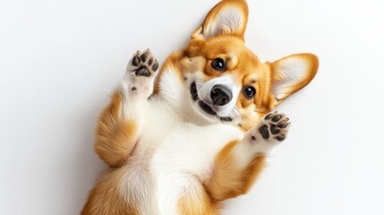 Playful corgi rolling on back with paws up and joyful expression in studio setting