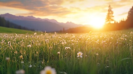 Naklejka premium Golden Sunset Over Flower Field Surrounded by Majestic Mountains : Generative AI