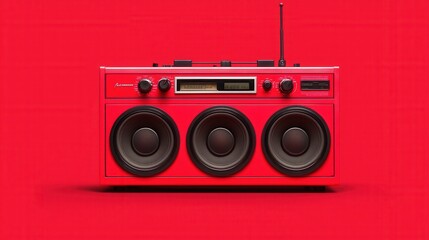Fototapeta premium Vintage Red Boombox with Three Speakers on Bright Red Background