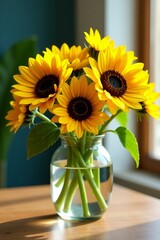 Fototapeta premium Vibrant sunflowers in a clear glass vase on a wooden table, arrangement, table