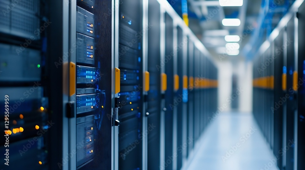 Poster High Tech Server Room with Rows of Powerful Data Storage Machines : Generative AI