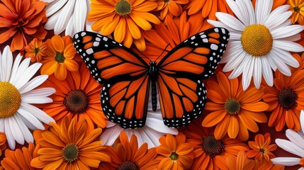Monarch Butterfly on Daisy Field a Vibrant Floral Display Featuring Orange and White Flowers