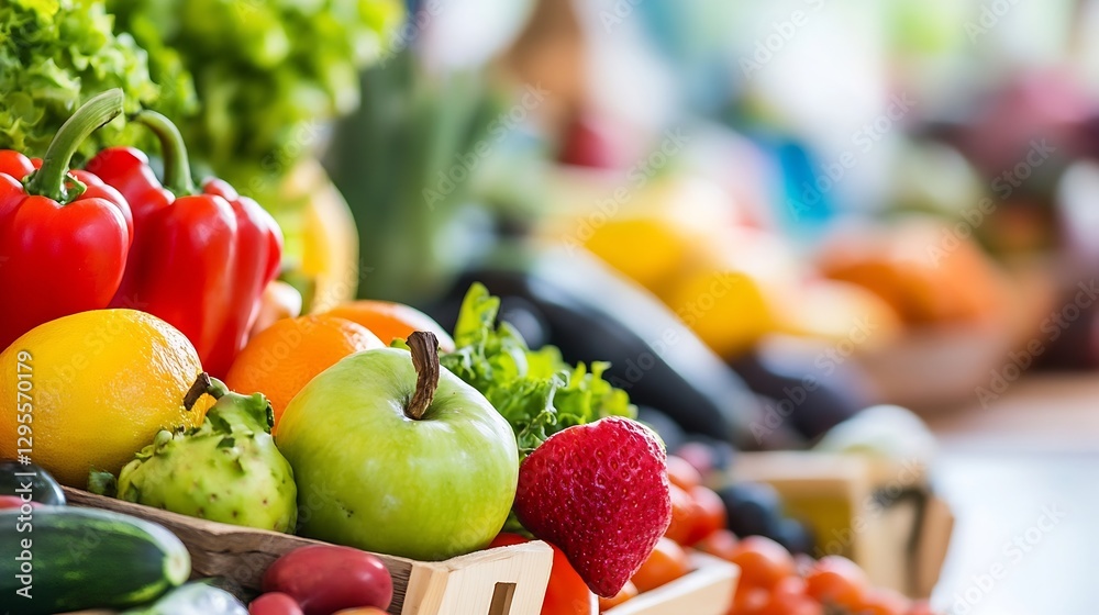 Poster Colorful array of fresh fruits and vegetables displayed on wooden crates in a vibrant market setting : Generative AI