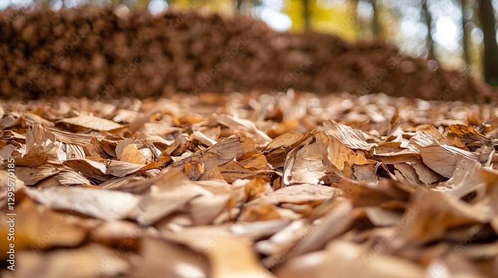 Aufkleber closeup view of brown autumn leaves piled on the ground in natural environment : generative ai
