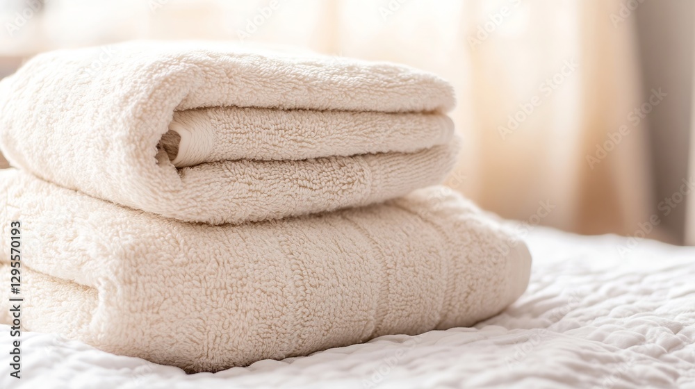 Poster stack of soft white towels on a cozy bed in a light filled room : generative ai