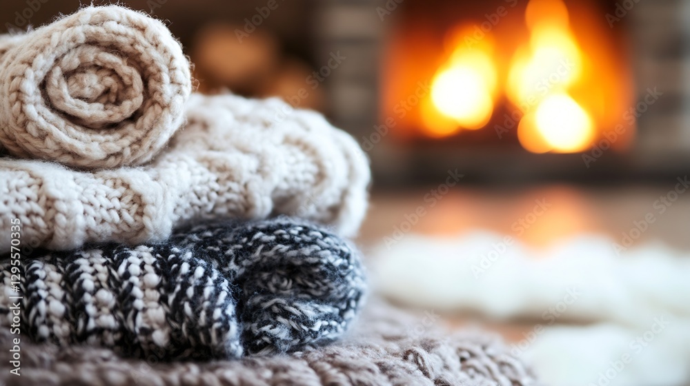 Poster Cozy Knitted Blankets Rolled Neatly Over a Warm Fireplace with Soft Hearth Flames : Generative AI