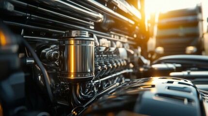 Fototapeta premium Mechanical marvels engine components in a sunlit garage automotive close-up industrial setting low angle view engineering excellence