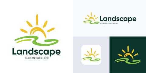 Landscape logo design, Modern simple landscape logotype integrated with sun icon, Creative agriculture design symbol template inspiration, Ecology, Hills, Farm Logo, Nature logo vector template.