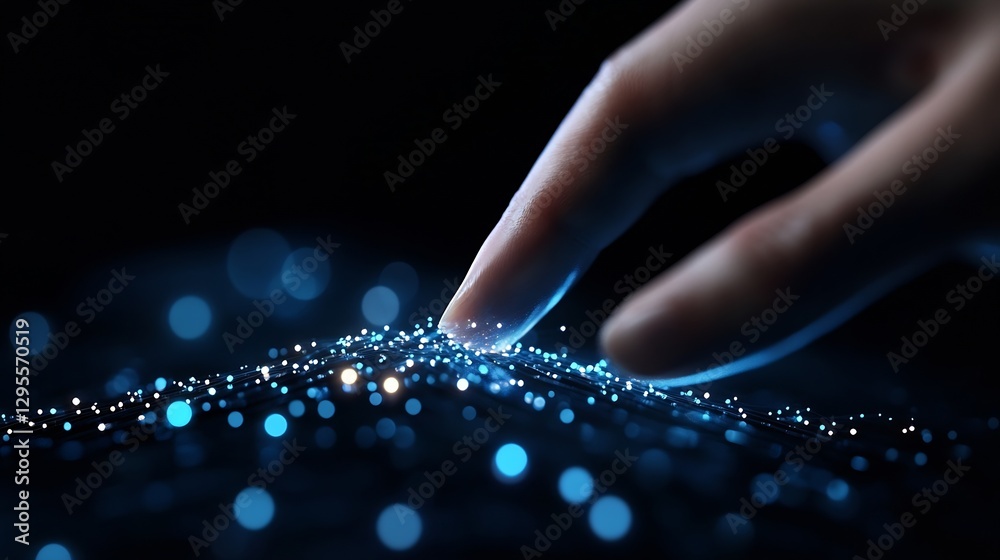 Poster Hand gently touching a glowing digital interface with sparkling particles illustrating technology innovation : Generative AI