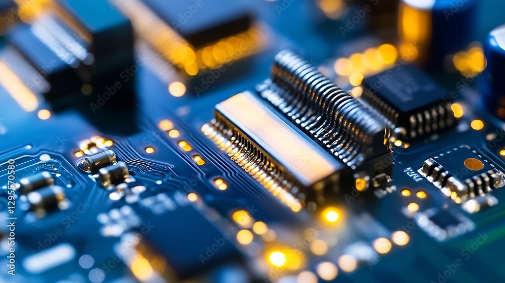 Poster Close-Up View of a Circuit Board with Glowing Lights and Electronic Components : Generative AI