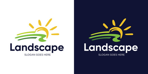 Landscape logo design, Modern simple landscape logotype integrated with sun icon, Creative agriculture design symbol template inspiration, Ecology, Hills, Farm Logo, Nature logo vector template.