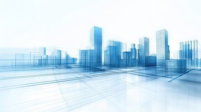 Blue and white cityscape with glass buildings on a white background, showcasing BIM modeling, Modern building information and architecture visualization