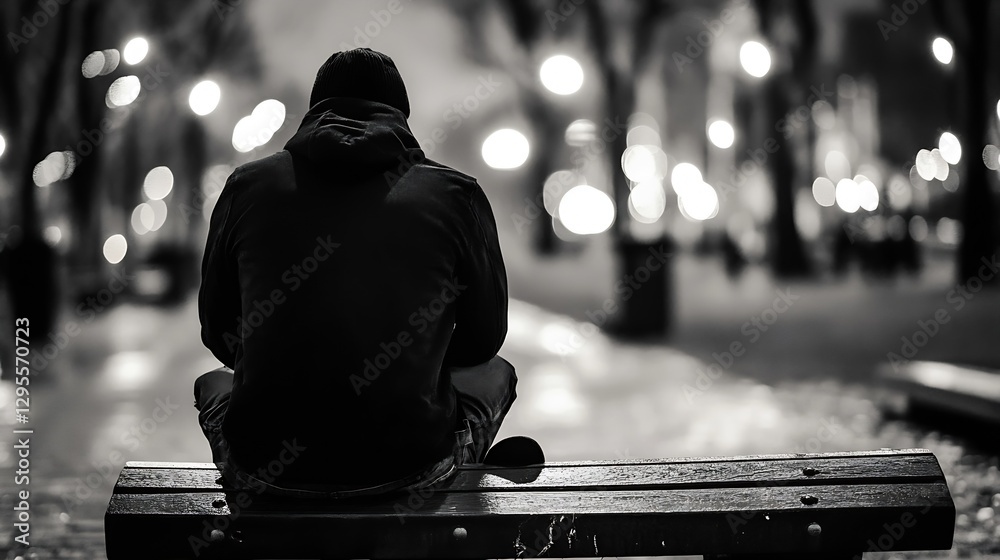Poster silhouetted figure on a park bench surrounded by soft glowing lights in an evening atmosphere : gene