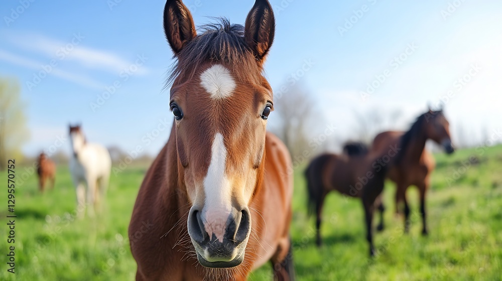 Poster close up of a curious horse gazing into the camera with other horses grazing in a lush green field :