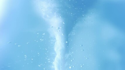 Underwater scene showing a swirling column of air bubbles rising in clear blue water. Light background with small bubbles scattered. - Powered by Adobe