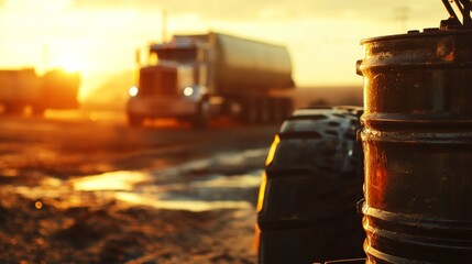 Transporting heavy loads at sunset trucks on a construction site industrial scene urban environment wide angle view logistics and workforce