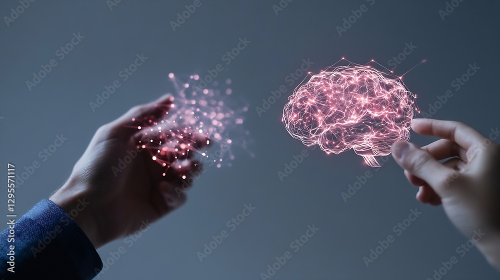Poster Concept of human hands interacting with a digital brain symbolizing technology and intelligence : Generative AI