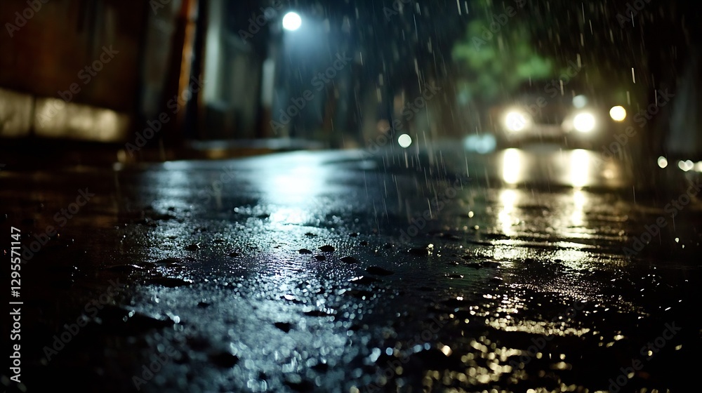 Aufkleber moody nighttime scene of a rainsoaked street illuminated by vehicle headlights creating a dramatic a