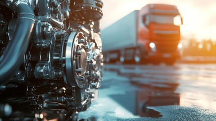 Fototapeta premium Truck engine close-up freight transport area industrial photograph urban environment low angle viewpoint mechanical precision and power