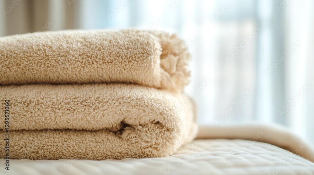 Poster fluffy beige towels stacked neatly on a bed for a clean and inviting bathroom scene : generative ai