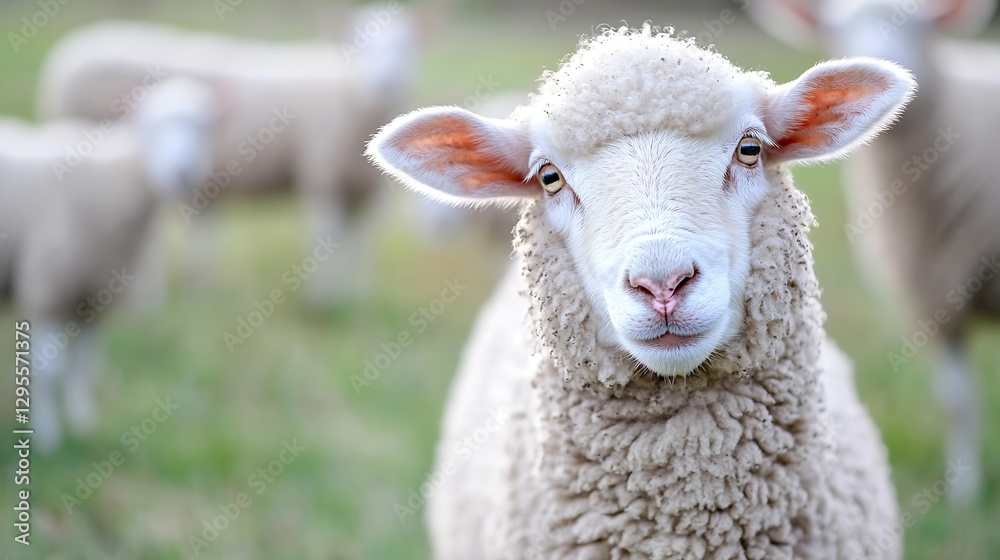 Aufkleber Curious sheep gazing into the camera with a soft focus of a peaceful pasture in the background : Generative AI