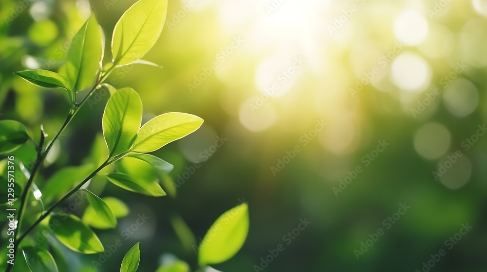 Aufkleber Soft green leaves illuminated by sunlight creating a dreamy bokeh effect : Generative AI