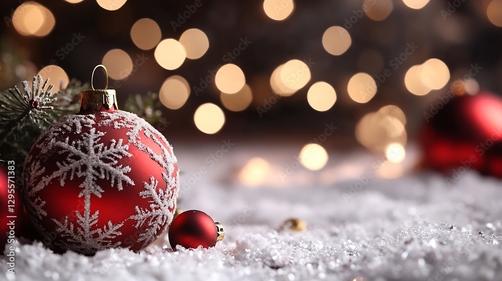 Poster festive christmas ornament on a soft snowy background with bokeh lights : generative ai