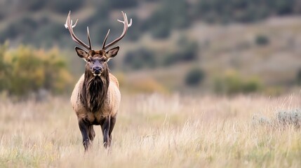 Majestic Elk Stands Proudly in a Lush Field Surrounded by Nature's Beauty : Generative AI