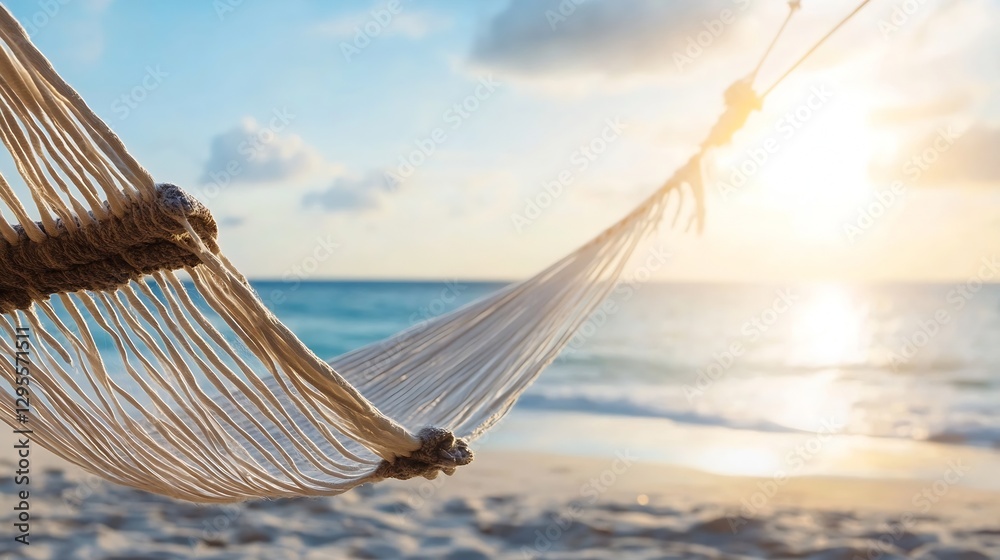Poster relaxing beach hammock at sunset with gentle waves and soft clouds above : generative ai