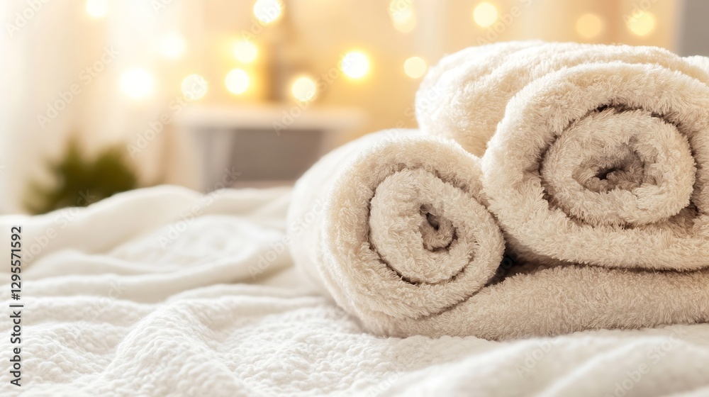 Leinwandbilder rolled soft towels on a bed surrounded by warm lights creating a relaxing ambiance : generative ai
