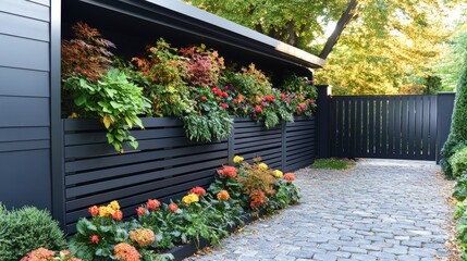 Fototapeta premium Dark gray metal fence with planters and vibrant flowers by cobblestone path