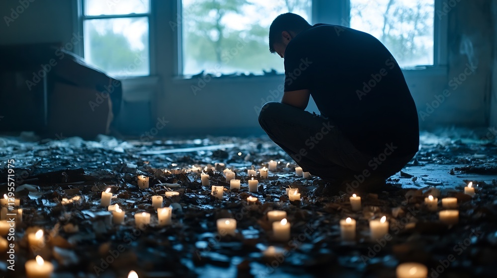 Poster emotional scene of a man in contemplation surrounded by flickering candles in a dimly lit room : gen