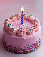 Delicious pink birthday cake with a single candle on a pink background perfect for celebration