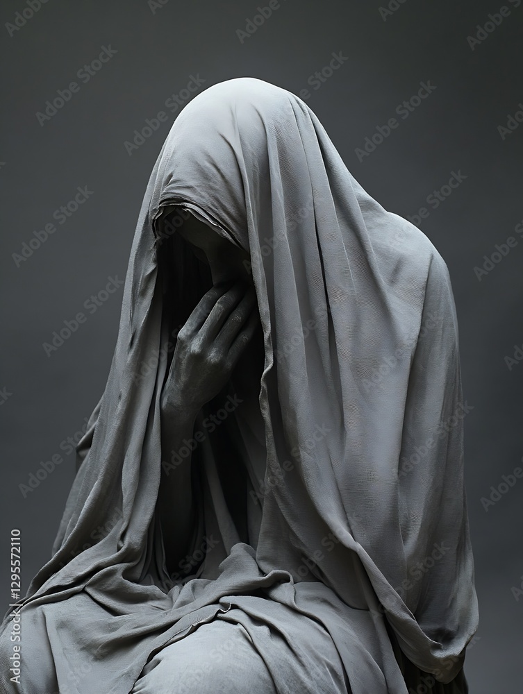 Poster emotive sculpture of a cloaked figure expressing deep sorrow and contemplation in a minimalistic set