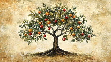 vibrant watercolor depiction of fruit tree with colorful apples, symbolizing life and abundance