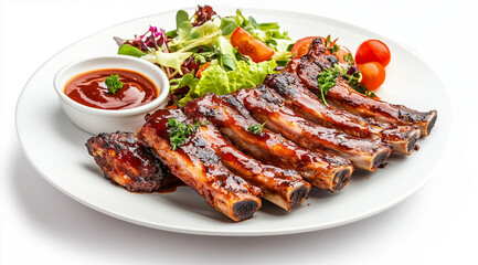 Delicious BBQ Pork Ribs with Fresh Salad and Tangy Sauce