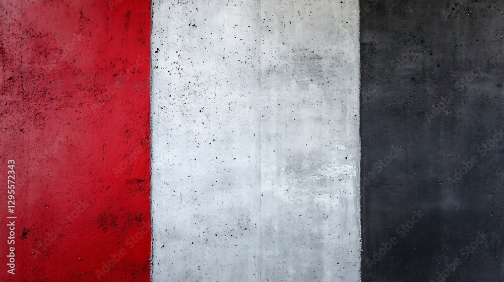 Aufkleber artistic composition of a concrete wall divided into three sections with bold colors red grey and bl