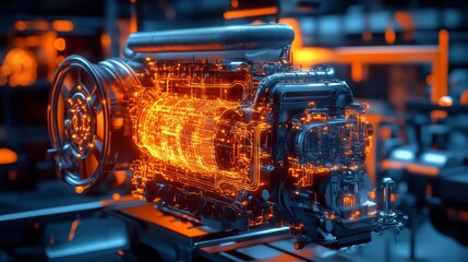 Fototapeta premium Futuristic engine model display advanced technology lab digital render industrial setting close-up view innovation in engineering