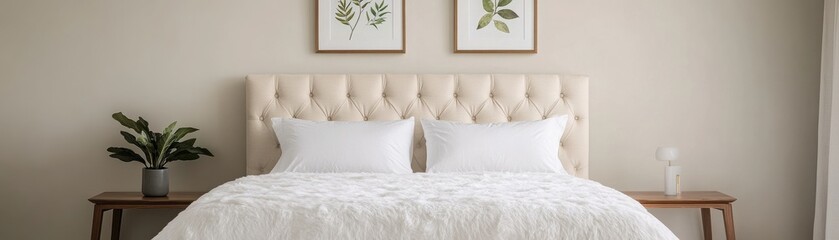 Stylish bedroom featuring a cozy tufted bed, elegant decor, and serene ambiance for a relaxing atmosphere.