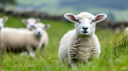 Obraz premium Adorable Young Sheep Grazing in Green Pasture During Sunny Day : Generative AI