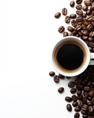 Aromatic Coffee Cup with Roasted Beans on White Backdrop Top View for Morning Energy and Refreshment