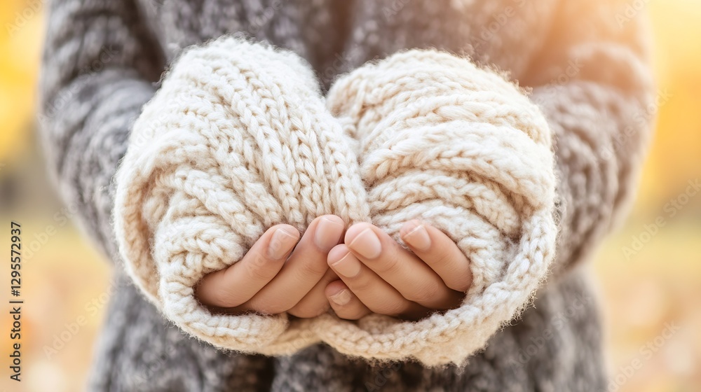 Poster warm knitted mittens held in hands on sunny autumn day with blurred background : generative ai