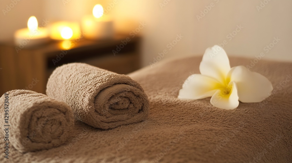Poster Cozy spa retreat with rolled towels a flower and soft lighting creating a calming vibe : Generative AI
