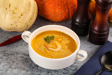 Pumpkin cream soup with prawns