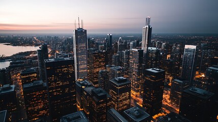 Obraz premium Breathtaking Aerial View of a Vibrant Urban Skyline at Sunset with Sparkling City Lights : Generative AI