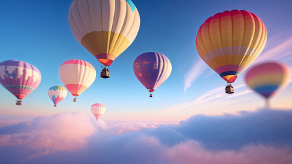 Fototapeta premium Colorful hot air balloons drifting among clouds at sunrise over a serene landscape